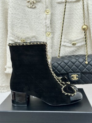 Chanel Women's Chain Around With Bow Suede/Patent Ankle Boots Black