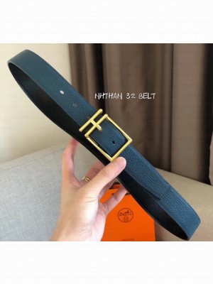 Hermes Width 3.2cm Nathan 32 Reversible Leather Belt Black/Bleu Blue
