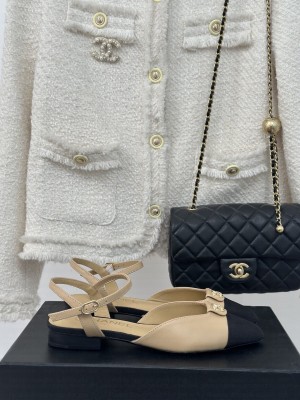 Chanel Lambskin & Satin Flat Sandals Beige