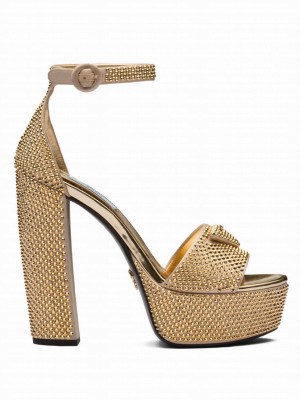 Prada Women's Satin Platform Sandals With Crystals 1XP53B Golden