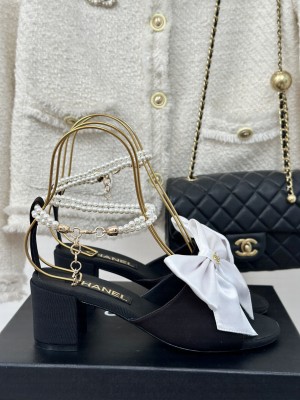Chanel Silk Heel Sandals 6cm with Maxi Bow and Pearls Black/White 2024 G45813 
