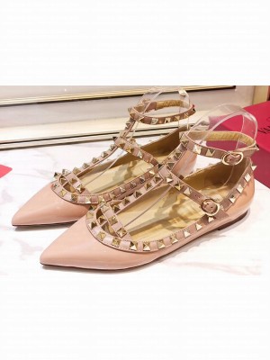 Valentino Rockstud Caged Ankle Strap Ballet Flats Ballerinas in Patent Leather Nude Pink