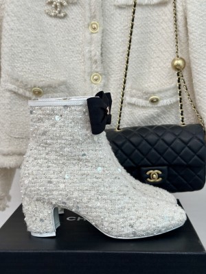 Chanel Sequin Beaded With Bow Booties White 2024