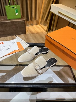Hermes Velvet Buckle Flat Slide Sandals Beige 2022 Collection