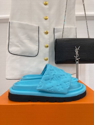 Louis Vuitton Unisex Pool Pillow Comfort Slide Sandals in Monogram Textile Blue