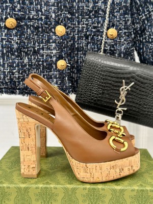 Gucci Horsebit 3cm Platform 13.5cm Heel Slingback Sandals Brown