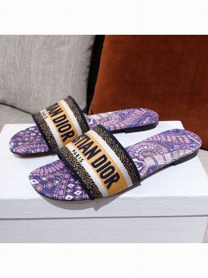 Dior Dway Embroidered Cotton Flat Slide Sandals Purple/Beige Spring/Summer 2021 Collection