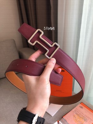 Hermes Tonight Reversible Leather Buckle Belt 38mm Burberrygundy/Khaki/Silver 2019 Collection