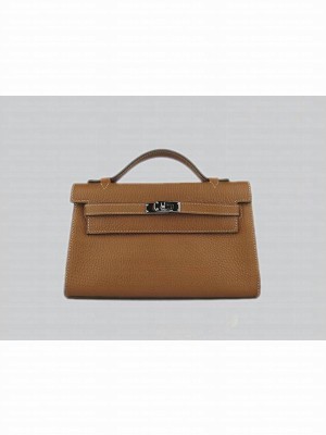 HERMES KELLY 22 CALFSKIN LEATHER CLUTCH BAG IN LIGHT COFFEE 