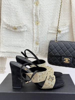 Chanel Leather & metal Chain CC Logo 9cm Sandals Black 2025