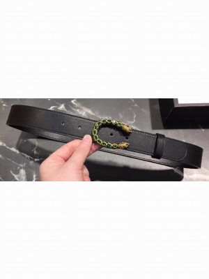 Gucci Width 3.5cm Leather Belt Black with Green Crystal Dionysus Buckle