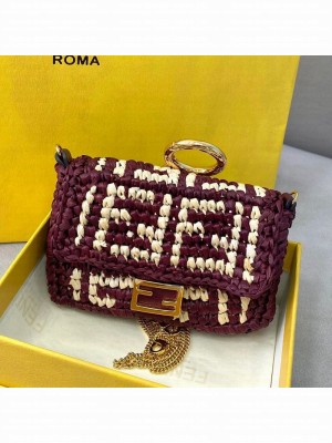 Fendi Woven Raffia Nano Baguette Charm Burgundy  2021 Collection
