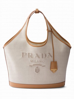 Prada Large Linen Blend And Leather Tote Bag 1BG472 Cream