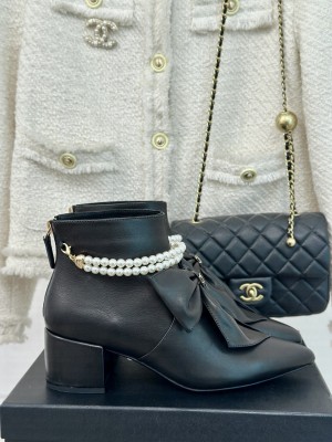 Chanel Calfskin 5.5cm with Maxi Bow and Pearls Ankle Boots Black 