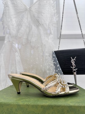 GUCCI WOMEN'S CRYSTAL INTERLOCKING G SLIDE SANDAL GOLD