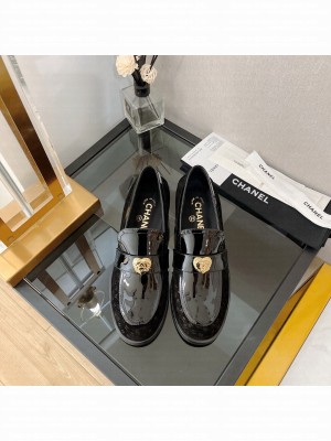 Chanel Patent Leather and CC Suede Loafers with Love Charm G39697 Black