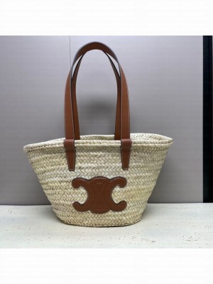 CELINE MEDIUM SUPPLE CELINE CLASSIC PANIER IN RAFFIA AND CALFSKIN 192622 TAN