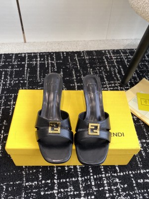 Fendi FFold medium-heeled slide sandals 6cm in Calfskin Black