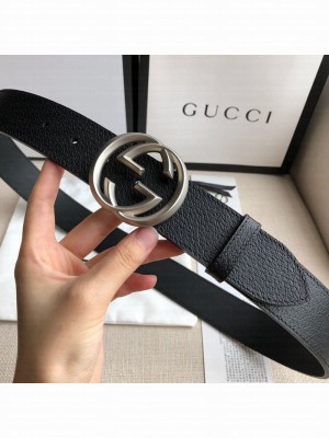 Gucci Grained Leather Belt 38mm with Interlocking G Buckle Black/Silver Collection