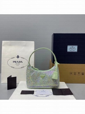 Prada Crystal Hobo Bag 22cm 6641 Nylon Leather Cruise 2021 Collection, Light Green