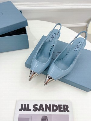 Prada Brush Leather Slingback Pumps 7.5cm with Metal Logo 2022 Collection,blue