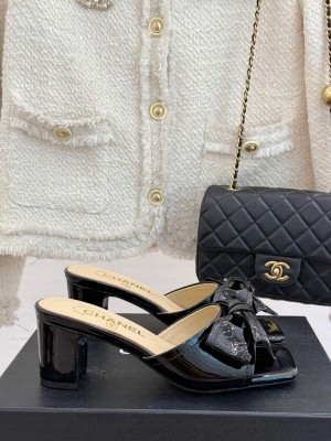 Chanel Patent Leather Heel Slides Sandal with Bow Black 2025