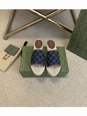 Gucci GG Matelassé Espadrilles Slides Sandals Blue/Brown Canvas 2021 Collection 