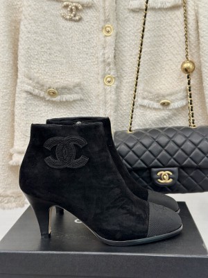 Chanel Suede Grosgrain,Embroidered logo 7cm Ankle Boots Black 2024