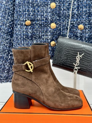 Hermes Jill 60 ankle boot in suede calfskin golden Glenan buckle coffee