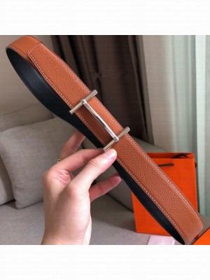 Hermes H D'Ancre Reversible Leather Buckle Belt 32mm Khaki/Silver 2019 Collection