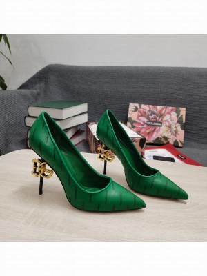 DOLCE & GABBANA Heel 10.5cm Crystal pointed toe Green Print Calfskin Leather Pumps 2022