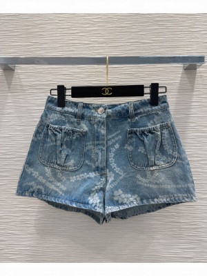Chanel Women's Heavy Print Denim Shorts Blue