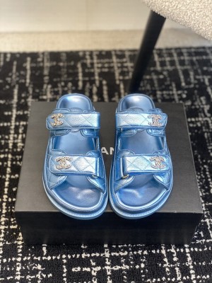 Chanel Grained Calfskin Velcro Dad Slide Sandals Sky Blue 2025