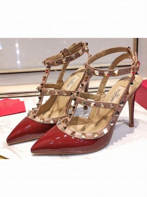 Valentino Heel 9.5cm Rockstud Caged Pumps in Patent Leather Burgundy