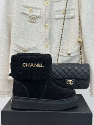 Chanel Suede & Wool Fur Platform Ankle Boots Black 2024