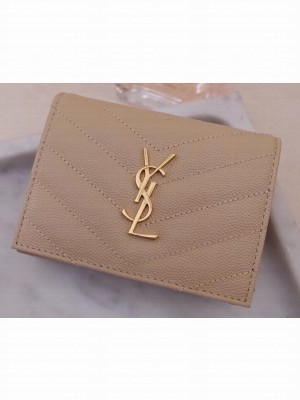 Saint Laurent Monogram Card Case in Grained Embossed Leather 530841 Beige/Gold