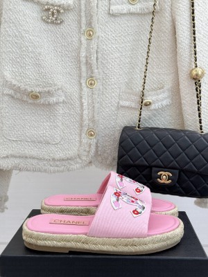 Chanel Canvas Embroidered CC Espadrilles Slide Mules Pink 2025
