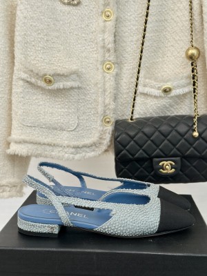 Chanel Strass & Grosgrain Slingback Flat G31318 Light Blue 2024