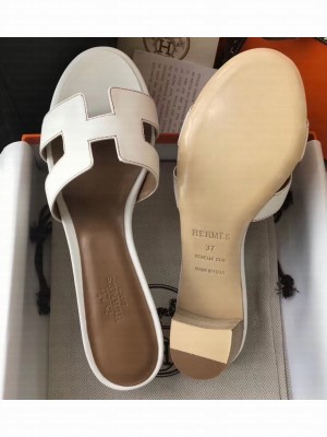 Hermes Heel 5cm Oasis Slipper Sandals in Swift Box Calfskin White 03