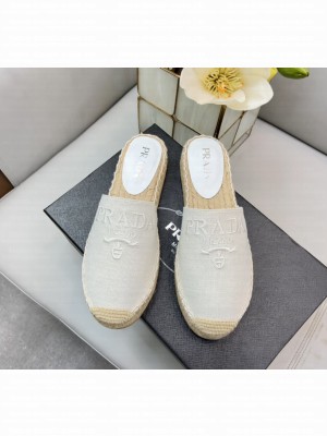 Prada Linen Logo Embroidered Slides Espadrilles Flats 2022 Collection,White