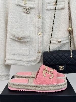 Chanel Tweed Espadrilles Slide Mules Pink 2