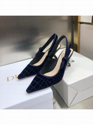 Dior J'Adior Slingback Pumps 6.5cm in Navy Blue Crocodile-Effect Embroidered Velvet 2021 Collection