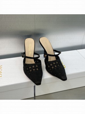 Dior Capture Heel Mules 9.5cm in Black Cannage Embroidered Mesh with Crystals 2023 