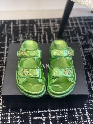 Chanel Grained Calfskin Velcro Dad Slide Sandals Sky Green 2025