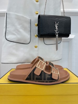 FENDI FEEL Dove gray FF chenille slides Brown