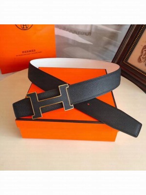Hermes Oscar Reversible Calfskin Belt 38mm with H Buckle Black/White 2019 Collection