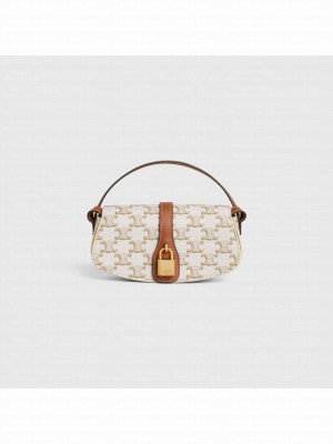 CELINE CLUTCH ON STRAP TABOU IN TRIOMPHE CANVAS AND CALFSKIN 101592 WHITE&TAN