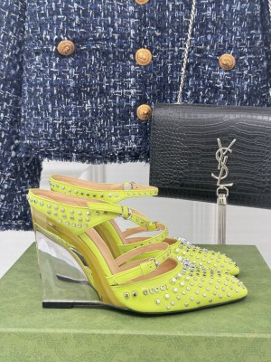 Gucci Women's 10cm Yellow Shiny Leather With Allover studs 827856 Wedge Mule 2025