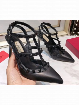 Valentino Heel 9.5cm Rockstud Caged Pumps in Leather Black/Tonal Studs