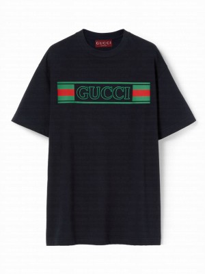Gucci Women's Printed Cotton Jersey T-Shirt Dark Blue